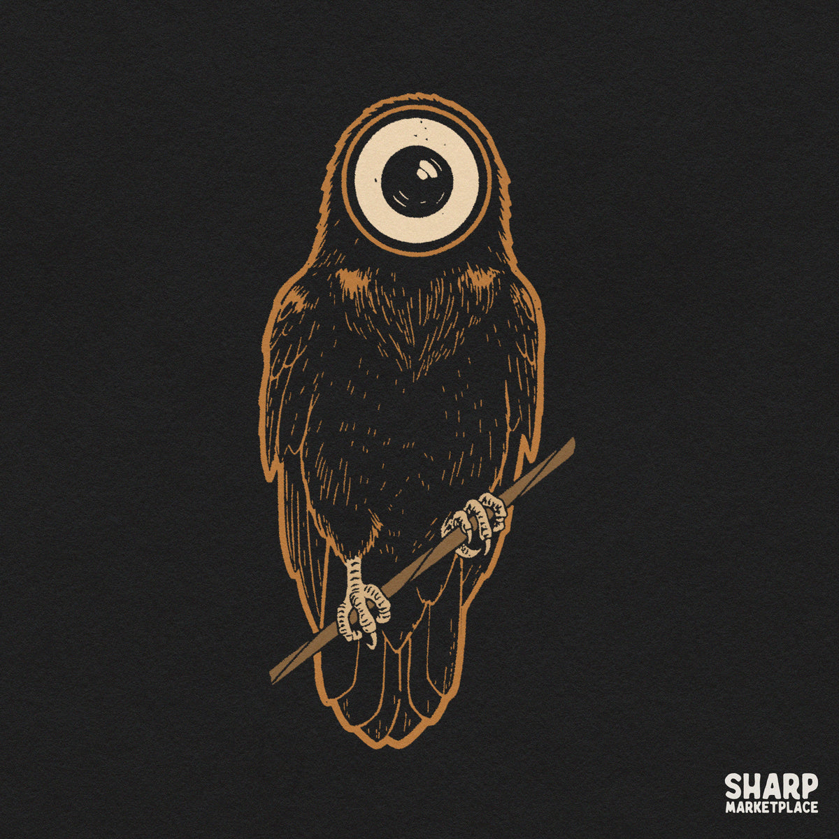 Creepy surreal eyeball owl on a branch for spooky season Halloween sublimation png apparel and streetwear