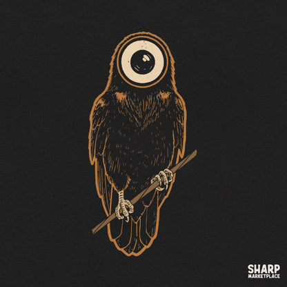 Creepy surreal eyeball owl on a branch for spooky season Halloween sublimation png apparel and streetwear