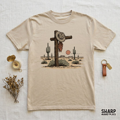 Western-style memorial cross graphic with a cowboy hat and bandana, ideal for creating custom stickers, tumblers, and sentimental memorial gifts.