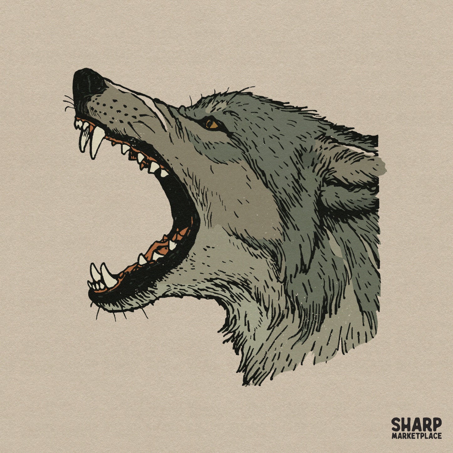 Growling wolf profile illustration in edgy grunge style for streetwear apparel and wildlife sublimation designs