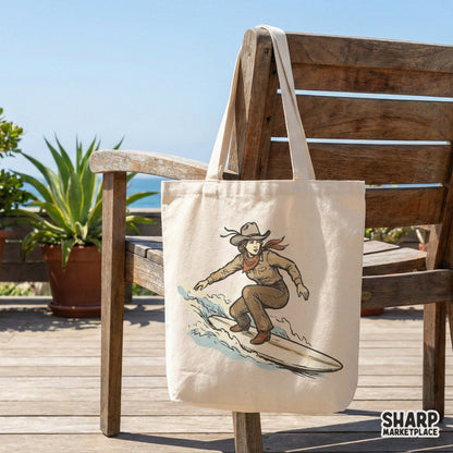 Digital download of a western surf design showing a cowgirl balancing on a surfboard, ideal for custom stickers, tumblers, and rodeo-style shirts.