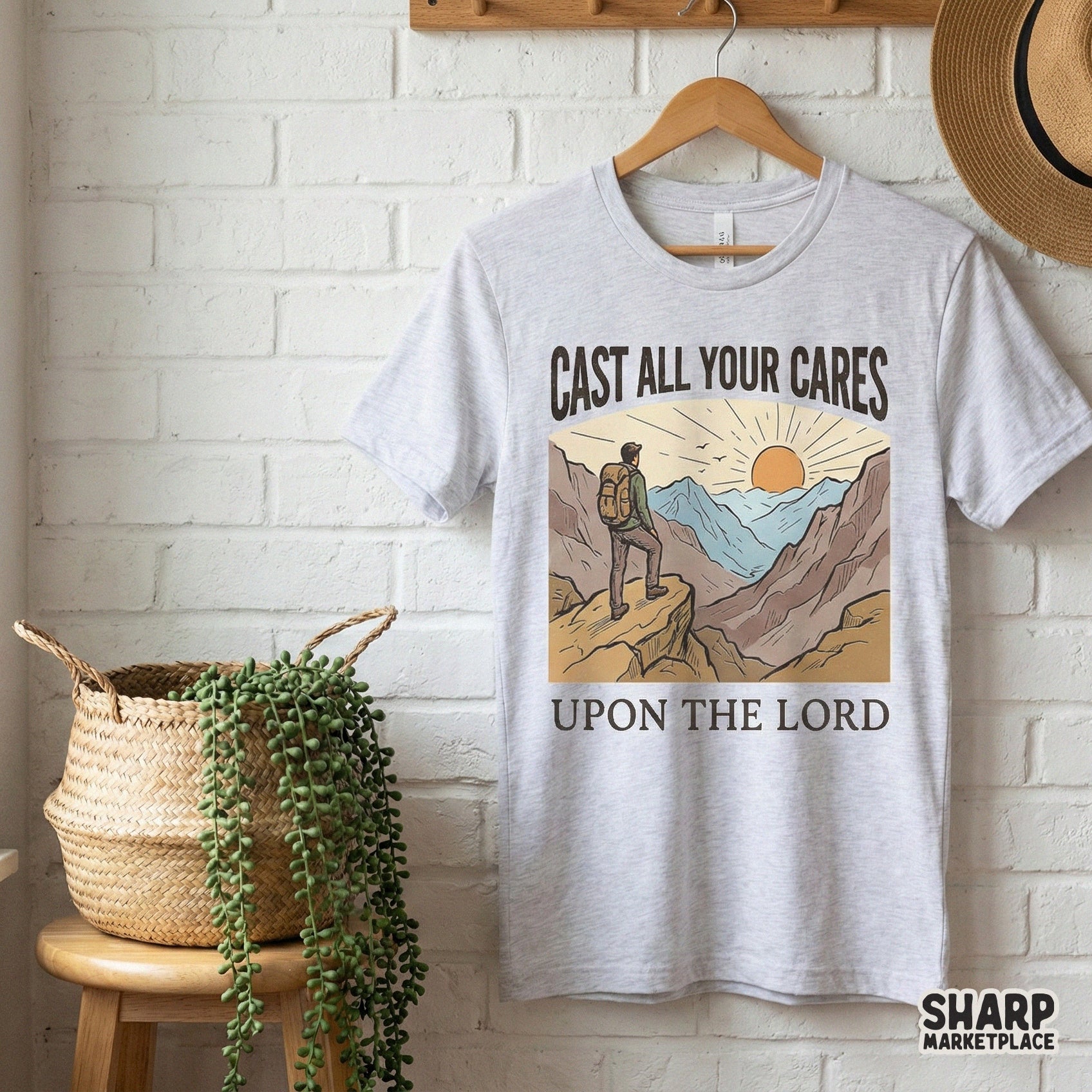 Cast All Your Cares Upon The Lord PNG, Christian Hiking Shirt - 300 DPI
