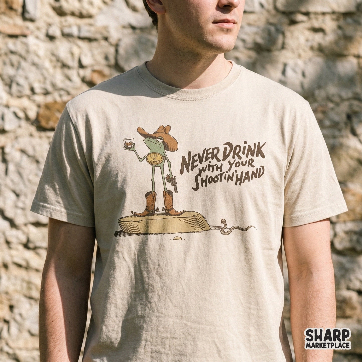 Funny cowboy frog wearing a western hat with sarcastic country music quote for custom t-shirt sublimation
