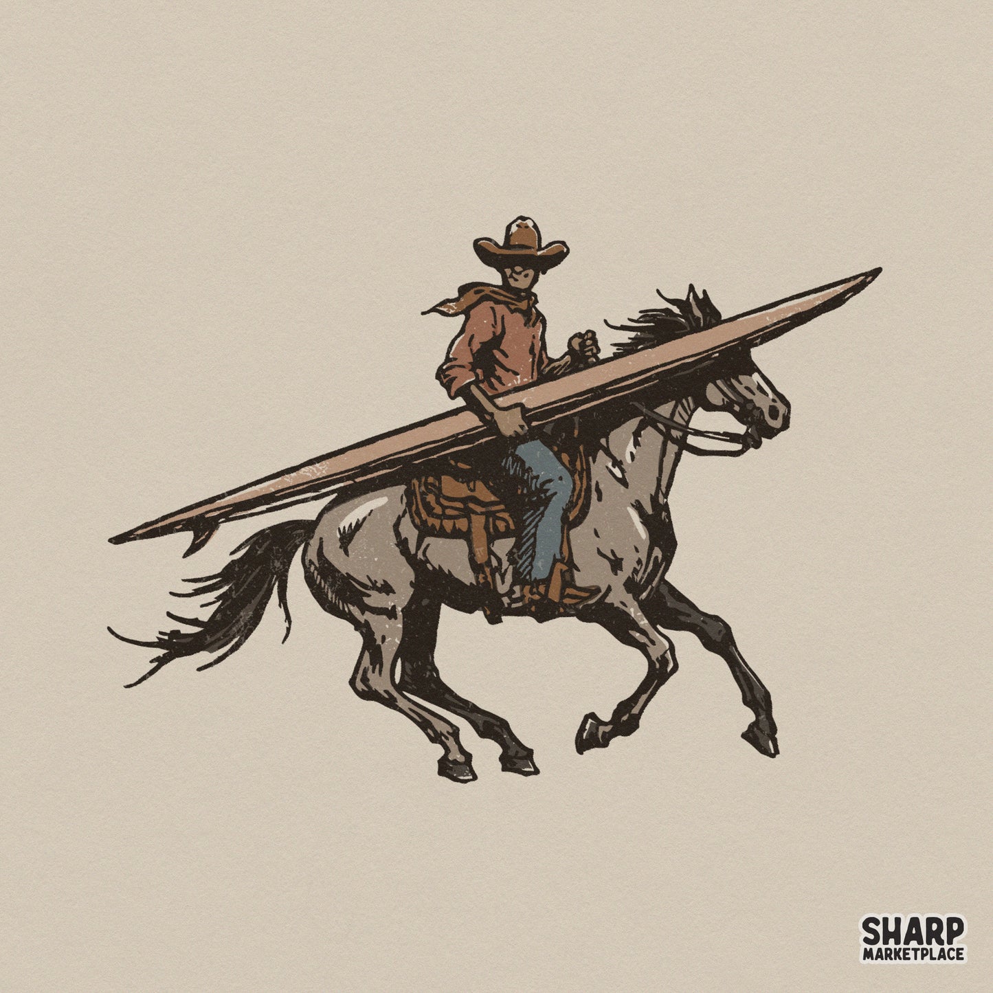 Vintage illustration of a cowboy in a wide-brimmed hat riding a grey horse while carrying a surfboard, perfect for western-themed sublimation art.