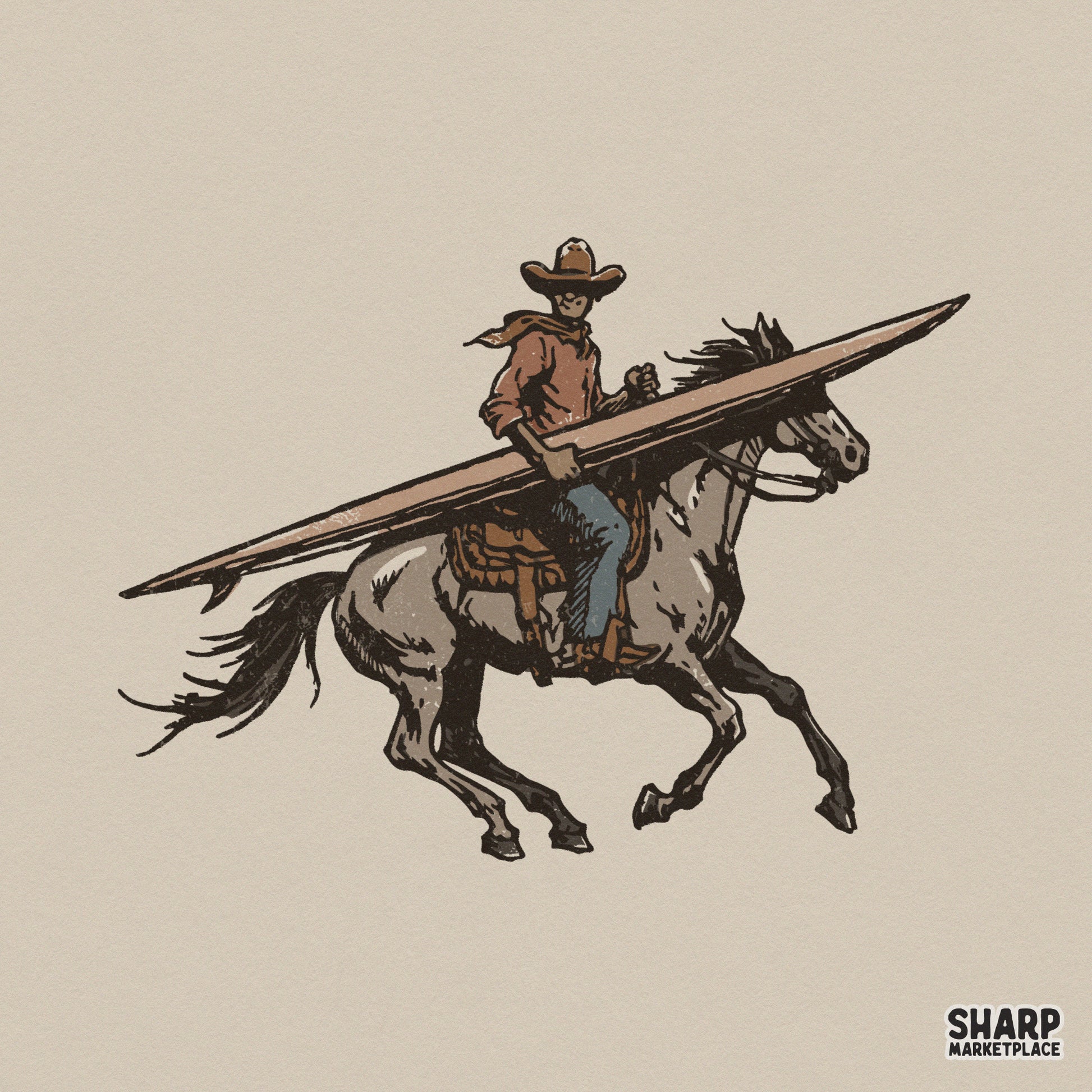 Vintage illustration of a cowboy in a wide-brimmed hat riding a grey horse while carrying a surfboard, perfect for western-themed sublimation art.