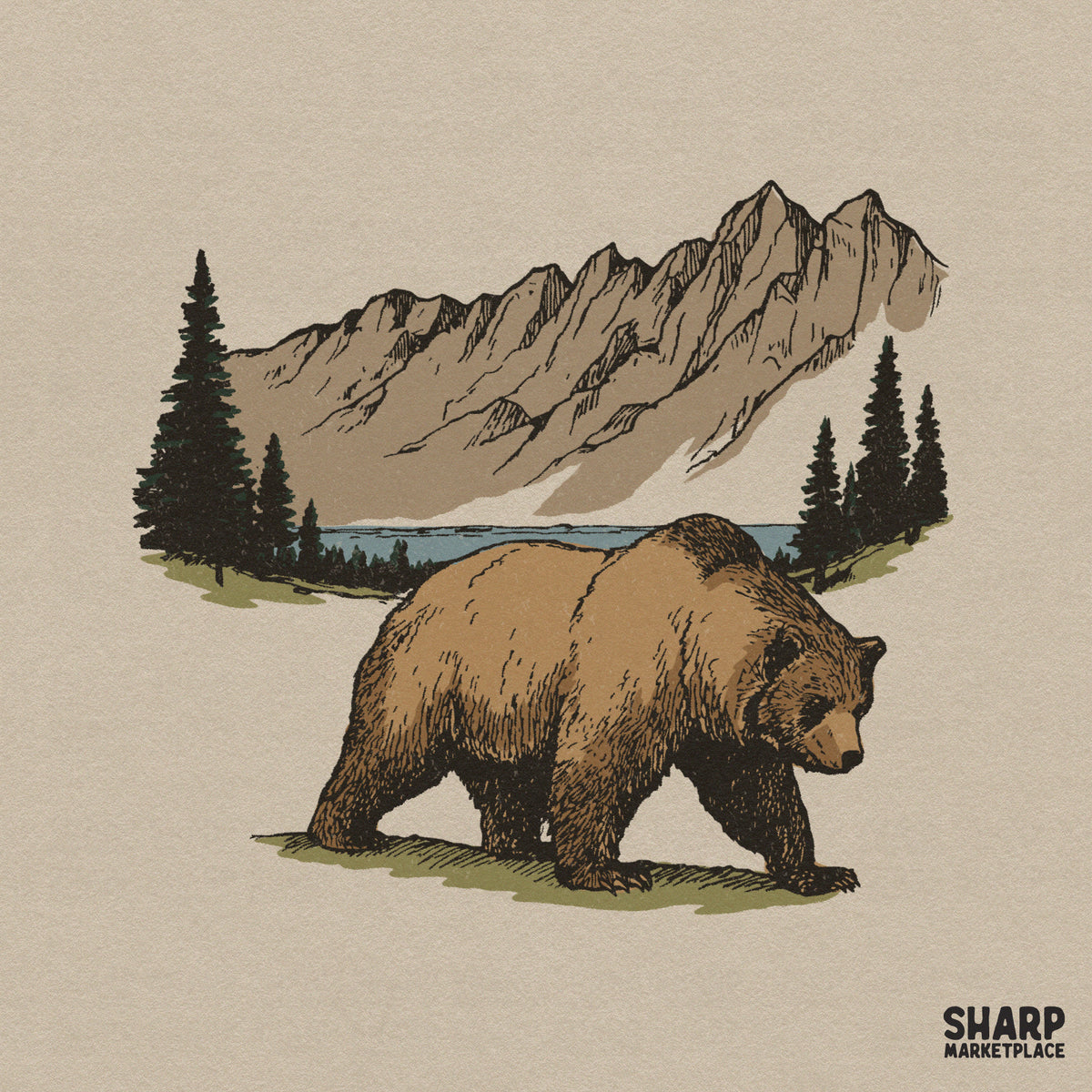 Vintage grizzly bear walking in a pine forest with a mountain lake background, detailed nature illustration for outdoor apparel and camping crafts.