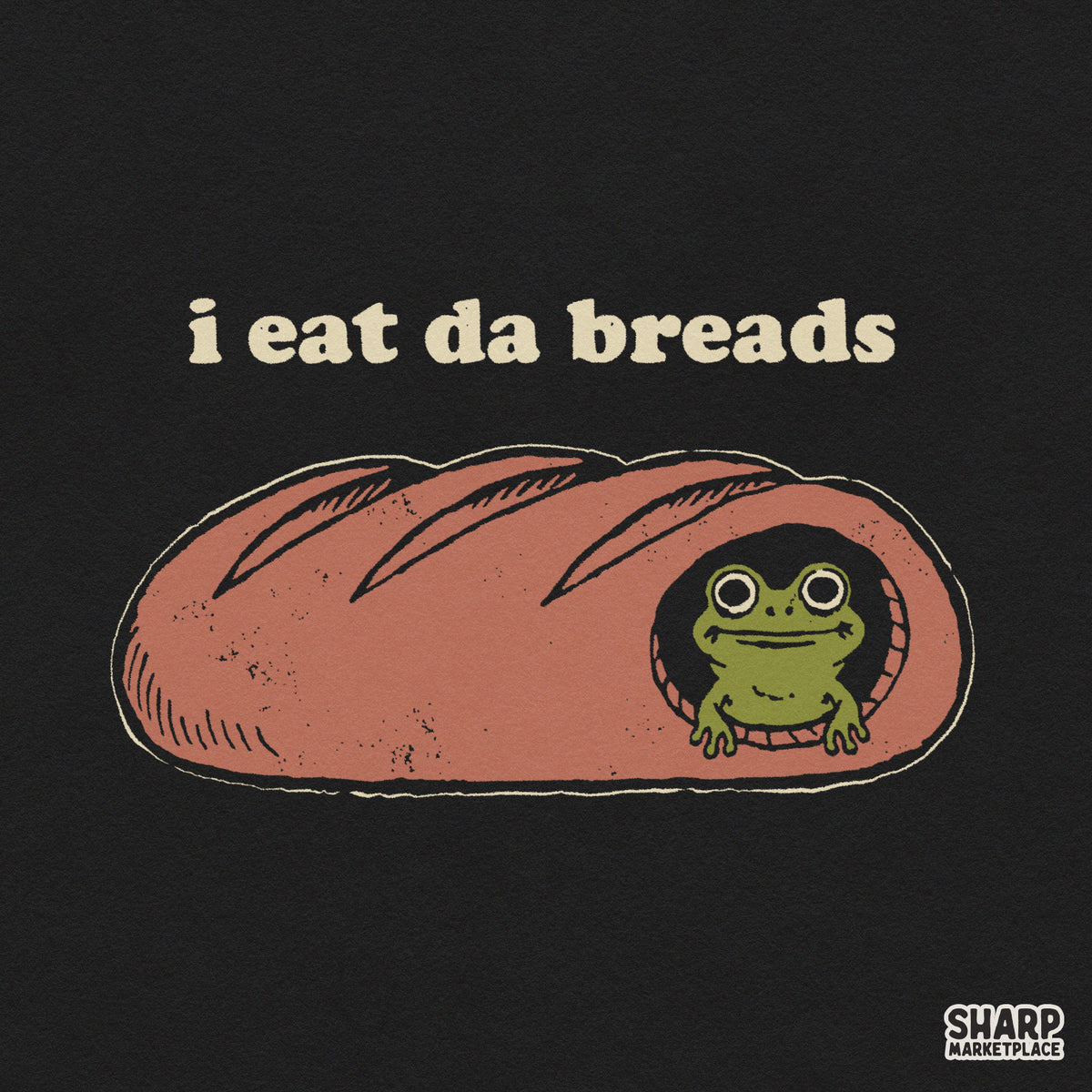 Whimsical funny frog inside a baguette loaf PNG design for shirt sublimation and stickers