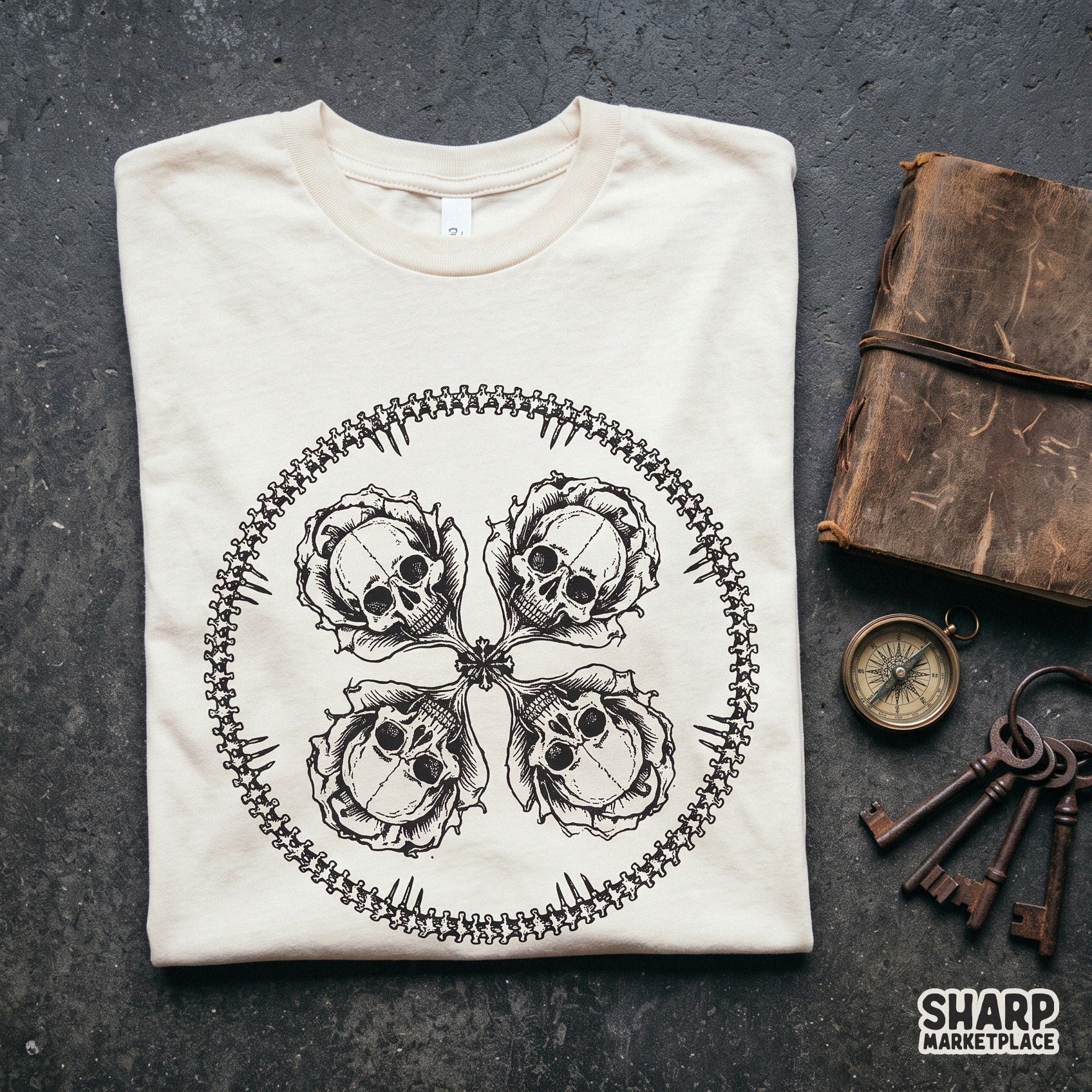 Vintage four skulls rose clover mandala shirt design halloween png for spooky apparel printable sublimation