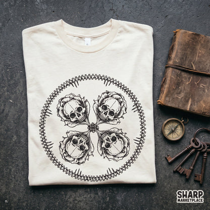 Vintage four skulls rose clover mandala shirt design halloween png for spooky apparel printable sublimation