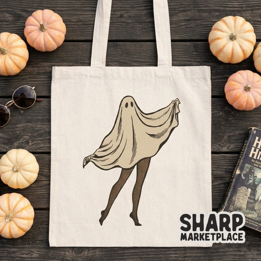 Cheeky sheet ghost in fishnet stockings and spooky heels halloween png design for custom t-shirts and apparel