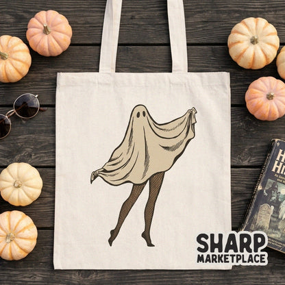 Cheeky sheet ghost in fishnet stockings and spooky heels halloween png design for custom t-shirts and apparel