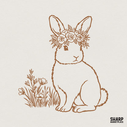 Hand-drawn boho bunny PNG in a warm sepia tone, featuring a rabbit wearing a floral crown with roses, perfect for spring sublimation and apparel.