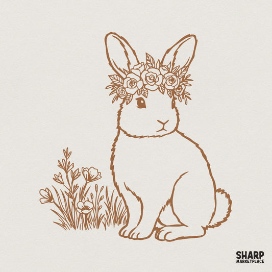 Hand-drawn boho bunny PNG in a warm sepia tone, featuring a rabbit wearing a floral crown with roses, perfect for spring sublimation and apparel.