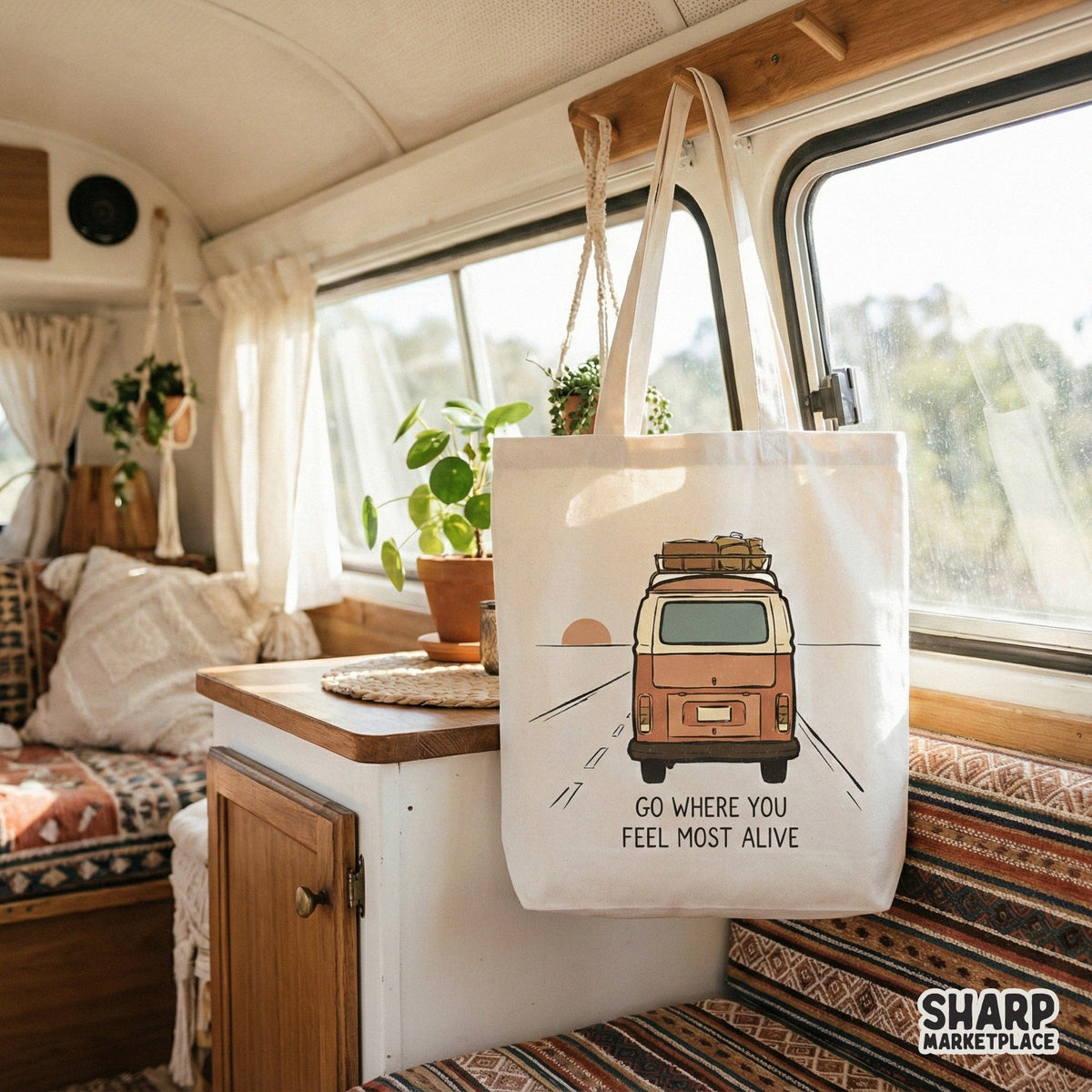 Retro-style van life sublimation design with earthy tones and minimalist typography, ideal for creating adventure-themed shirts and stickers.