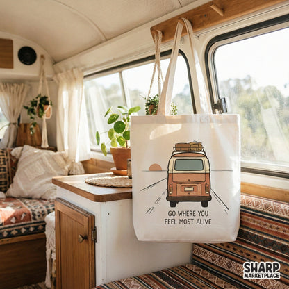 Retro-style van life sublimation design with earthy tones and minimalist typography, ideal for creating adventure-themed shirts and stickers.