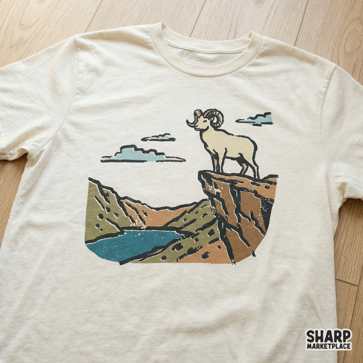 Hand-drawn bighorn sheep illustration with a distressed screen-print aesthetic, perfect for nature-themed sublimation transfers and stickers.