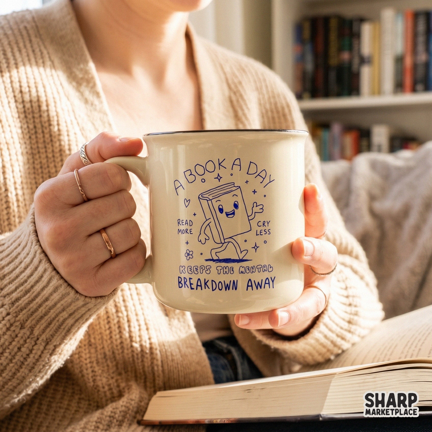Digital download graphic featuring a cute book character and bookish humor text in a clean blue line art style for custom t-shirts and tumblers.
