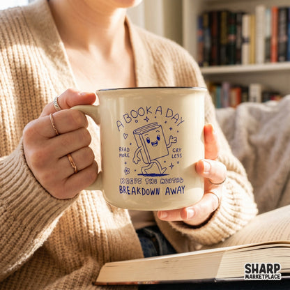 Digital download graphic featuring a cute book character and bookish humor text in a clean blue line art style for custom t-shirts and tumblers.