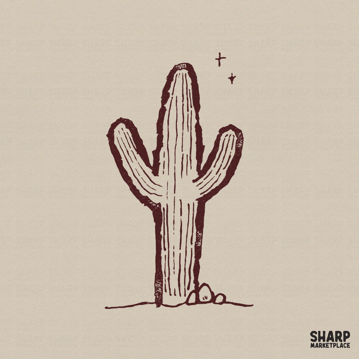 Minimalist saguaro cactus sketch in a rustic maroon color with textured linework, desert rocks, and small stars for western-themed digital projects.