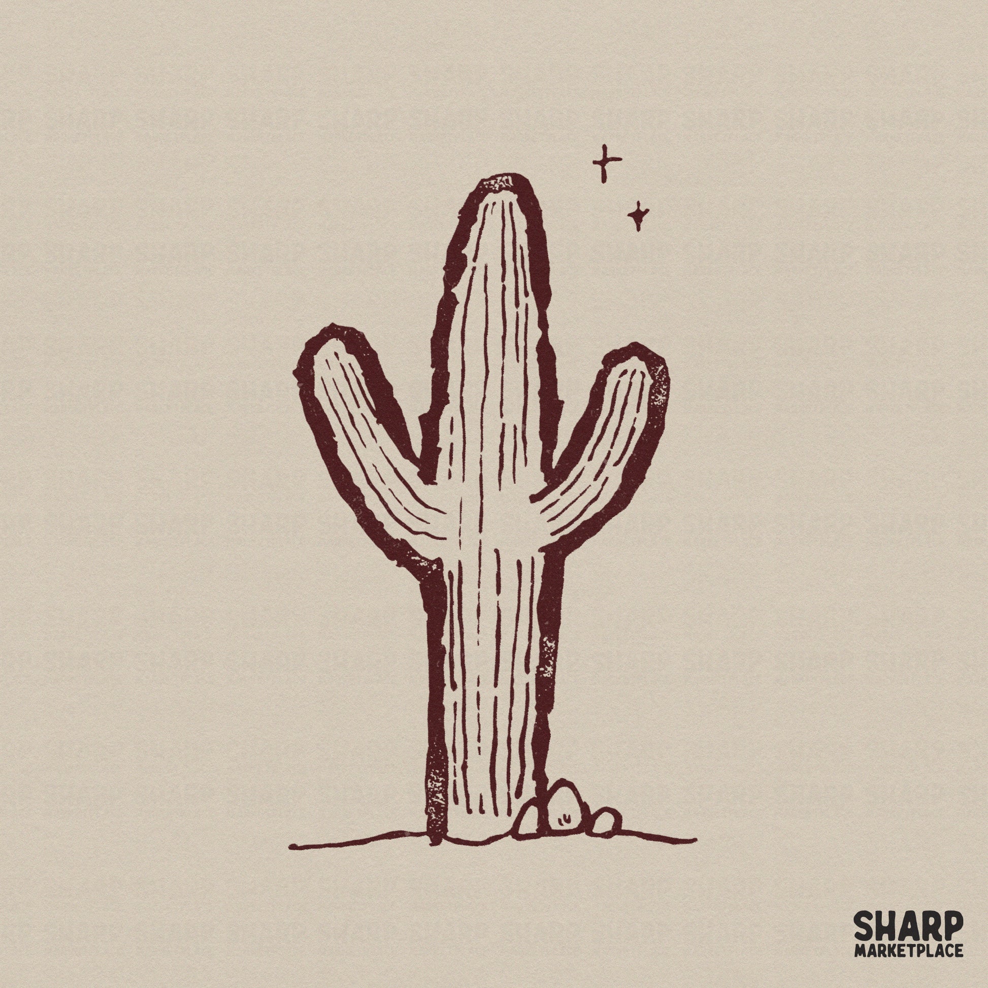 Minimalist saguaro cactus sketch in a rustic maroon color with textured linework, desert rocks, and small stars for western-themed digital projects.