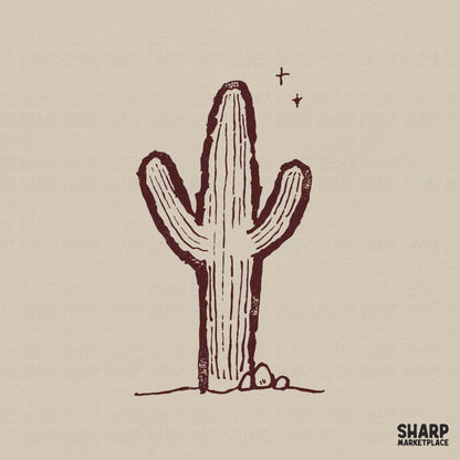 Minimalist saguaro cactus sketch in a rustic maroon color with textured linework, desert rocks, and small stars for western-themed digital projects.
