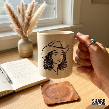 Monochromatic digital illustration of a western woman in a cowboy hat with star-filled hair, displayed as a clean design on a ceramic mug.