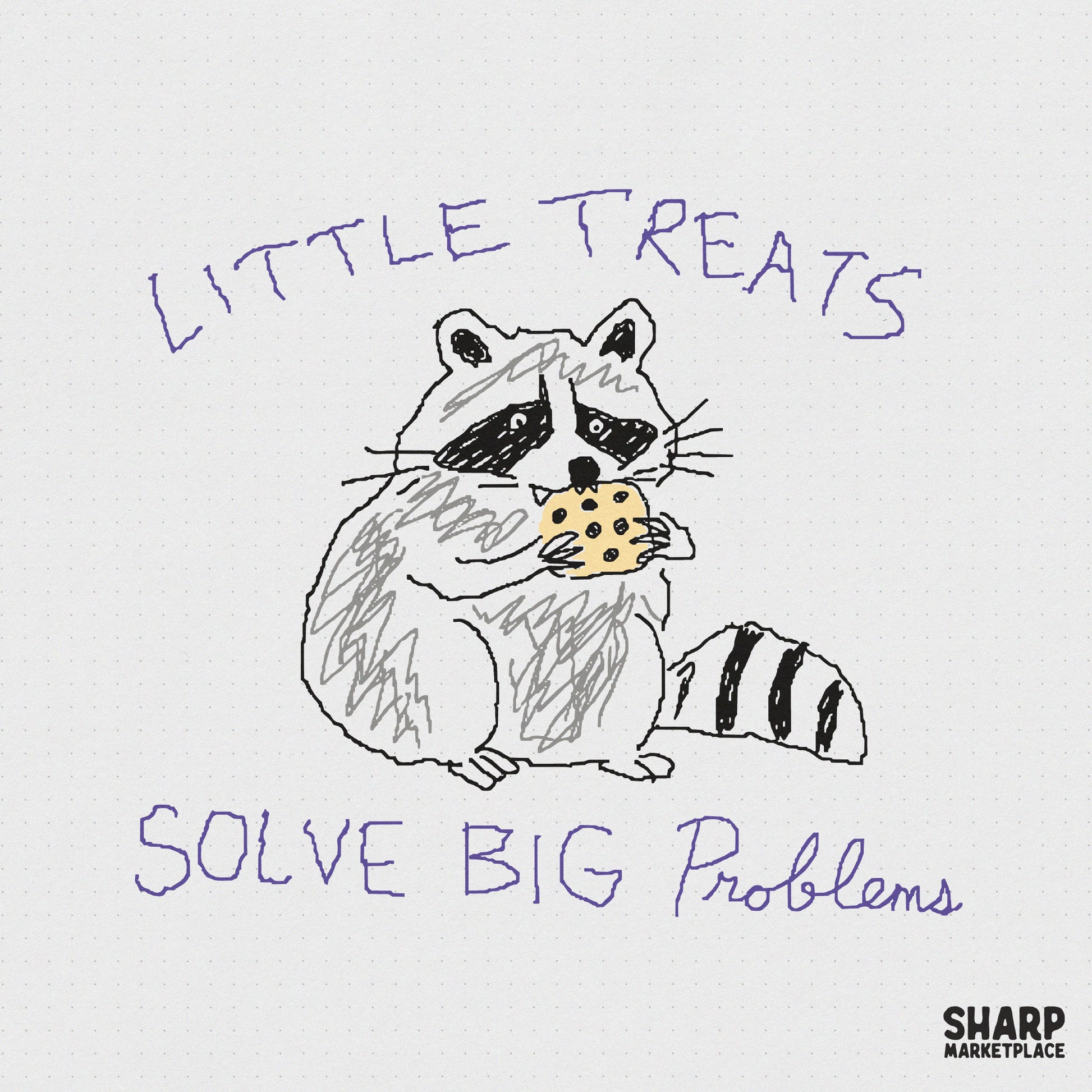 Hand-drawn sketch of a cute raccoon eating a chocolate chip cookie with the purple handwritten text Little Treats Solve Big Problems, digital PNG file.