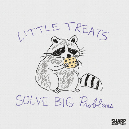 Hand-drawn sketch of a cute raccoon eating a chocolate chip cookie with the purple handwritten text Little Treats Solve Big Problems, digital PNG file.