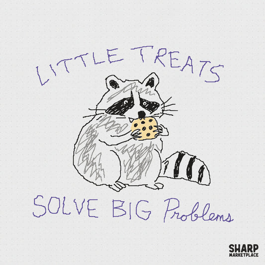 Hand-drawn sketch of a cute raccoon eating a chocolate chip cookie with the purple handwritten text Little Treats Solve Big Problems, digital PNG file.