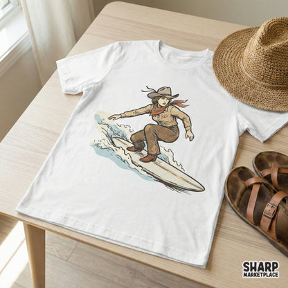 Retro coastal cowgirl surfing artwork printed on a white t-shirt, featuring a woman in ranch attire riding a wave for a unique beach aesthetic.