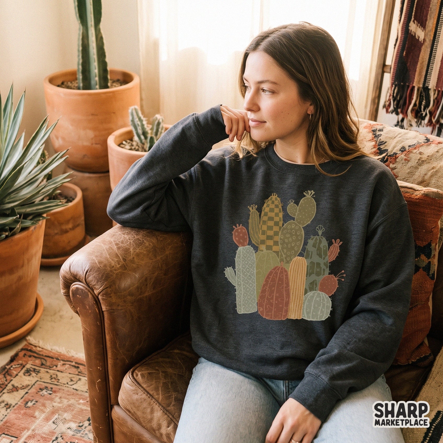 Retro checkered boho cactus garden illustration for a trendy funky desert plant graphic shirt design