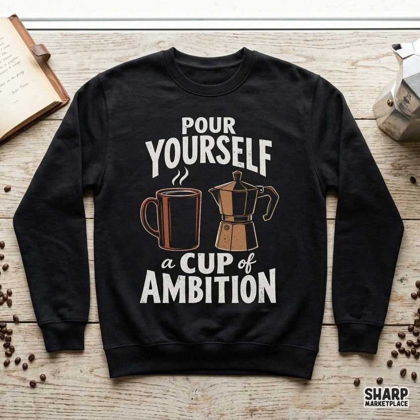 Retro coffee pot design featuring funny Pour Yourself A Cup Of Ambition quote for coffee lovers and shirt printing