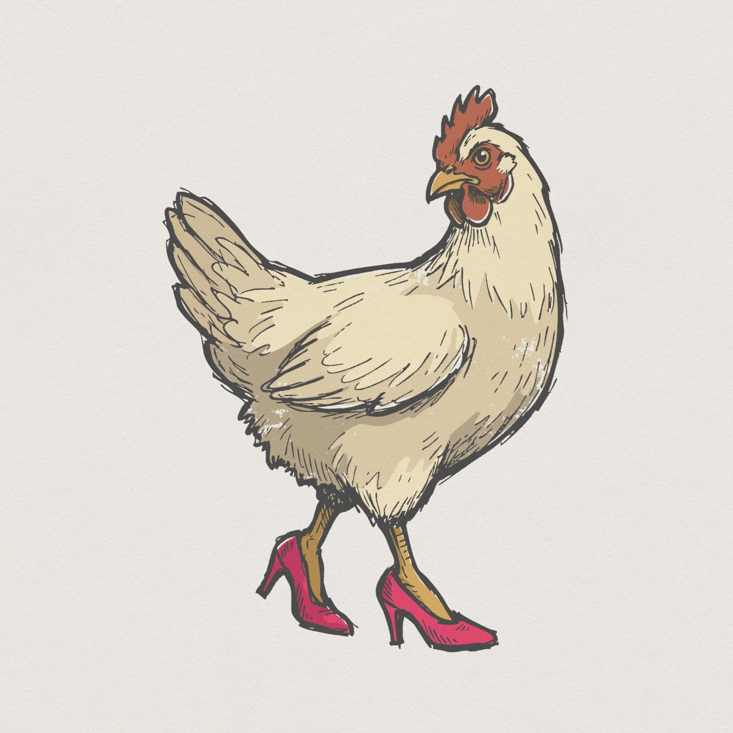 Whimsical hand-drawn chicken wearing vibrant pink high heels, featuring a vintage illustration style perfect for funny farm animal apparel and sublimation.
