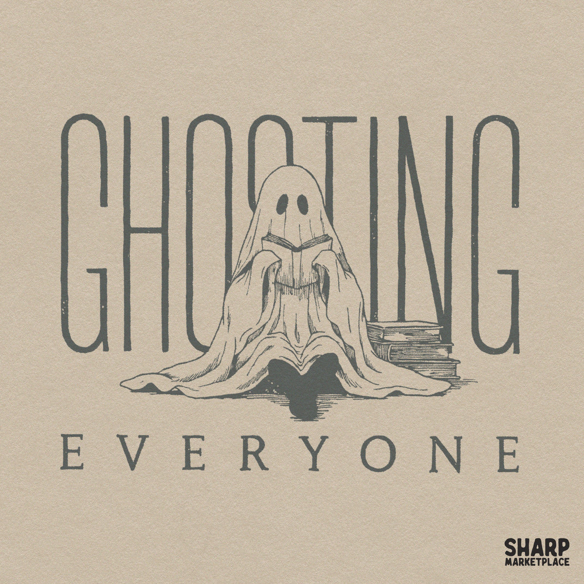 Cute ghost reading a book for fall, spooky season PNG graphic for introvert book lovers and Halloween shirts