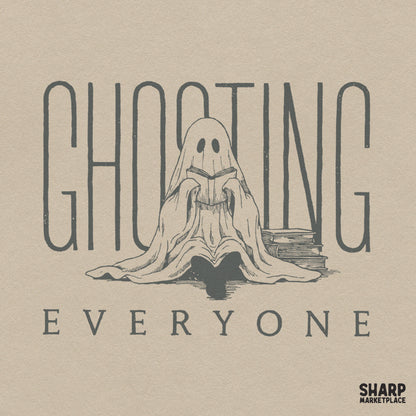 Cute ghost reading a book for fall, spooky season PNG graphic for introvert book lovers and Halloween shirts