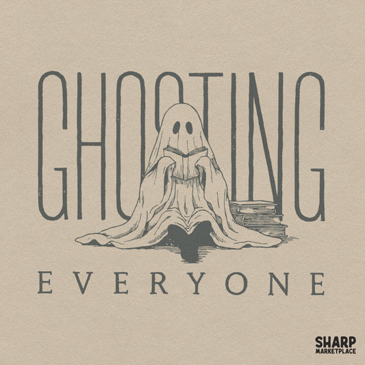 Cute ghost reading a book for fall, spooky season PNG graphic for introvert book lovers and Halloween shirts