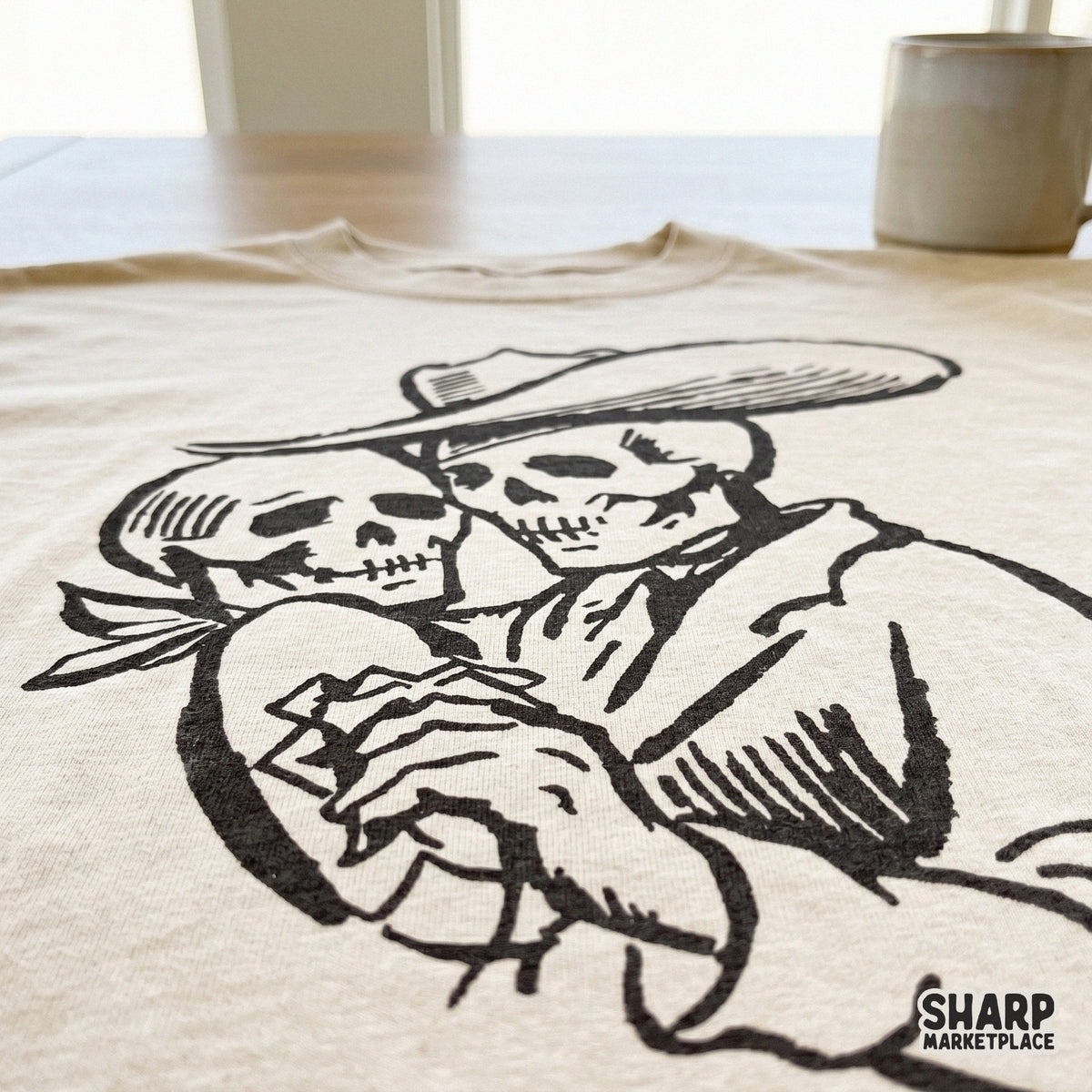 Spooky outlaw lovers illustration featuring hand-drawn skull characters, suitable for Halloween stickers, tumblers, and unique western wall art.