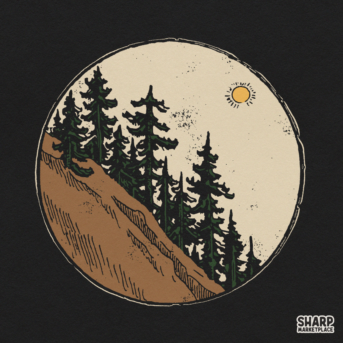Vintage circle graphic featuring pine trees and rocky slopes for retro camping lake life shirt sublimation design