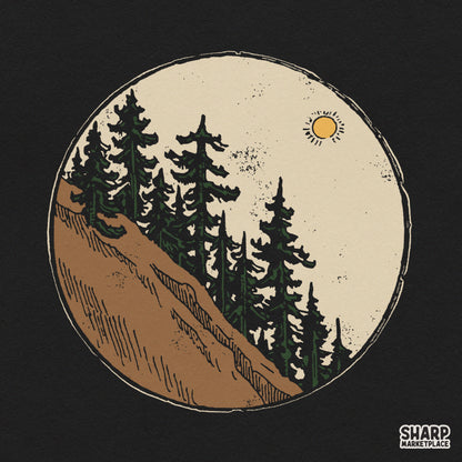 Vintage circle graphic featuring pine trees and rocky slopes for retro camping lake life shirt sublimation design