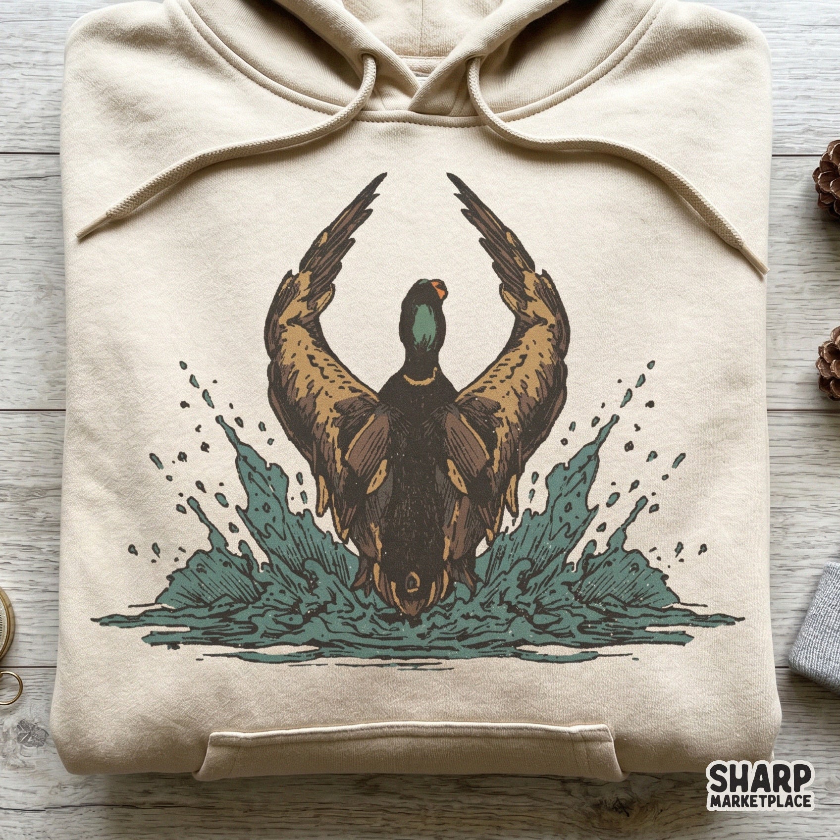 Vintage mallard duck landing in water splash sublimation design for a retro trendy hunting shirt