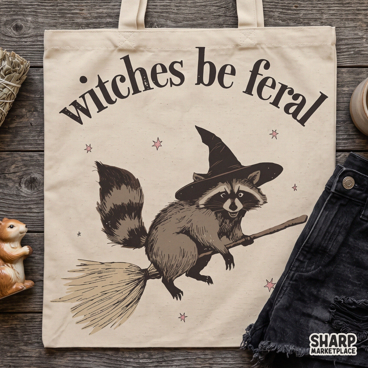 Funny Witches Be Feral raccoon riding a broom, retro cute halloween png for spooky season t-shirt sublimation