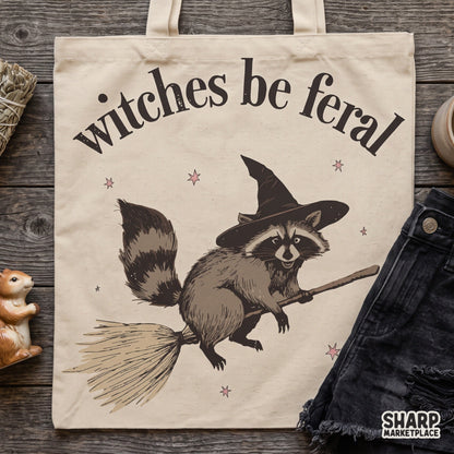 Funny Witches Be Feral raccoon riding a broom, retro cute halloween png for spooky season t-shirt sublimation