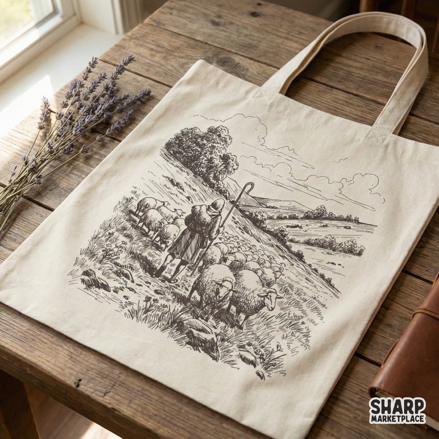 Monochromatic line art design of a shepherd with a staff and sheep, displayed on a canvas tote bag for rustic farmhouse style apparel.