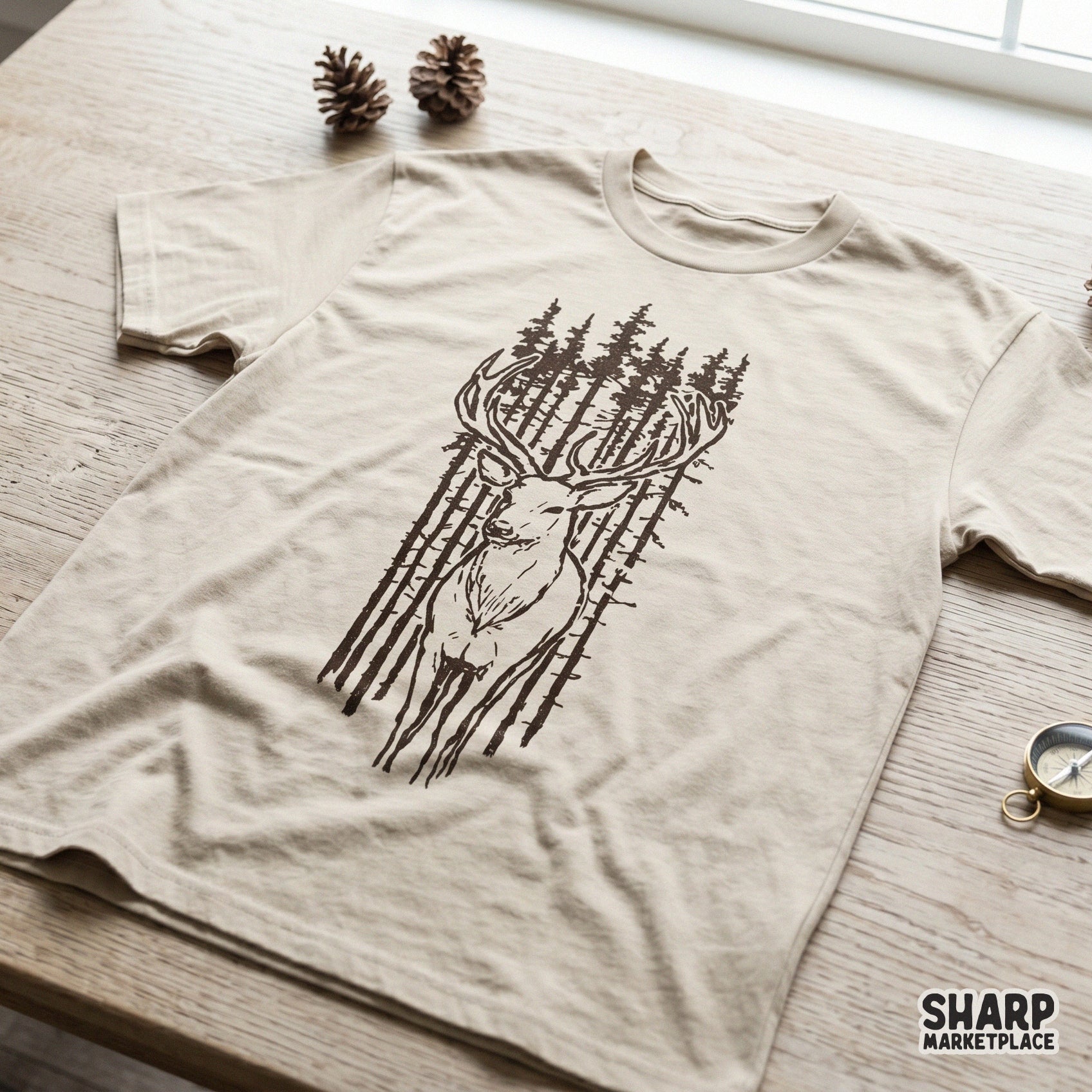 Detailed black and white line art of a buck in a pine forest, designed as a versatile digital graphic for sublimation, stickers, or wall art.