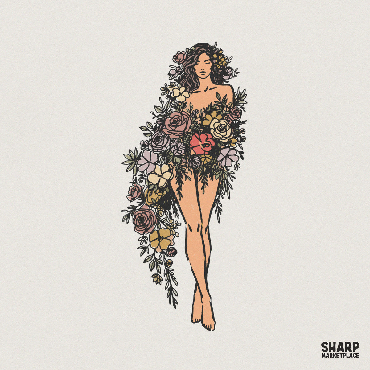 Boho botanical woman digital art featuring a feminine figure draped in a cascading bouquet of roses and wildflowers in muted earthy tones.