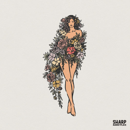 Boho botanical woman digital art featuring a feminine figure draped in a cascading bouquet of roses and wildflowers in muted earthy tones.