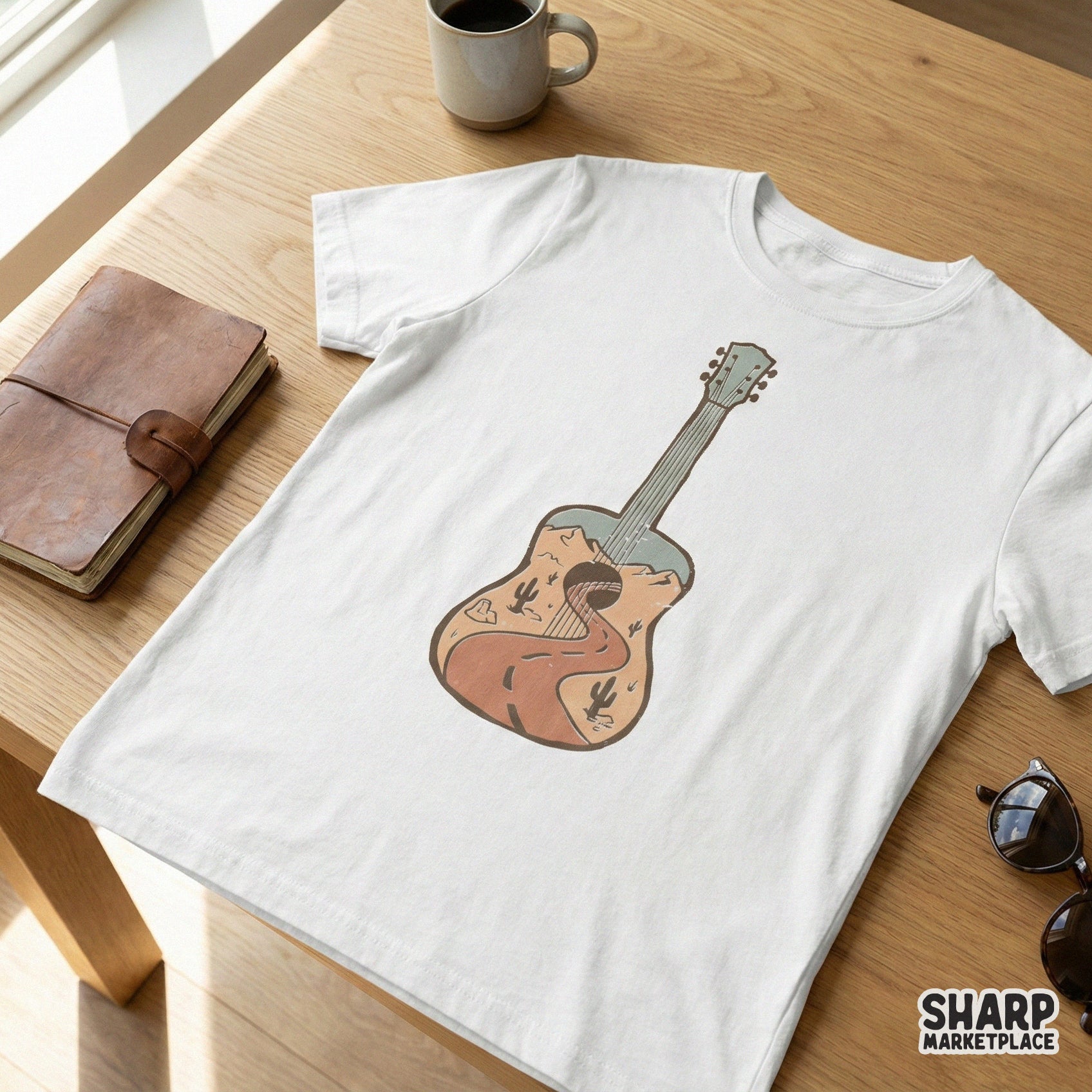 Desert Guitar PNG Design, Vintage Acoustic Road Trip Graphic - 300 DPI