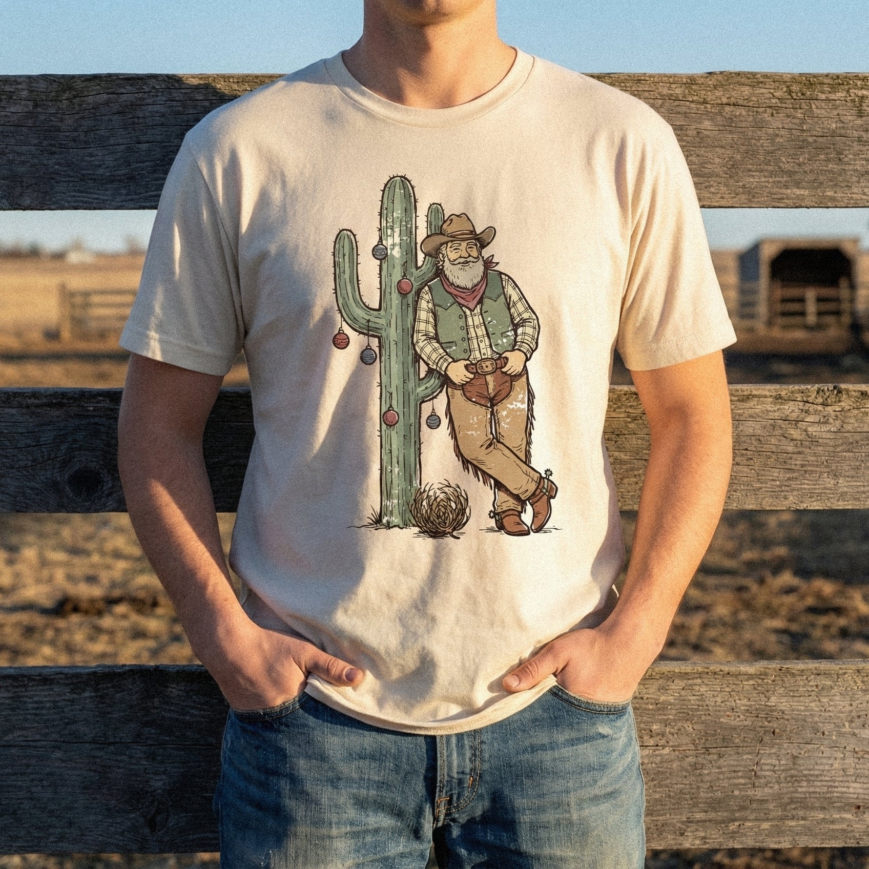 Cowboy Leaning on Cactus PNG, Western Christmas PNG - 300 DPI Design for