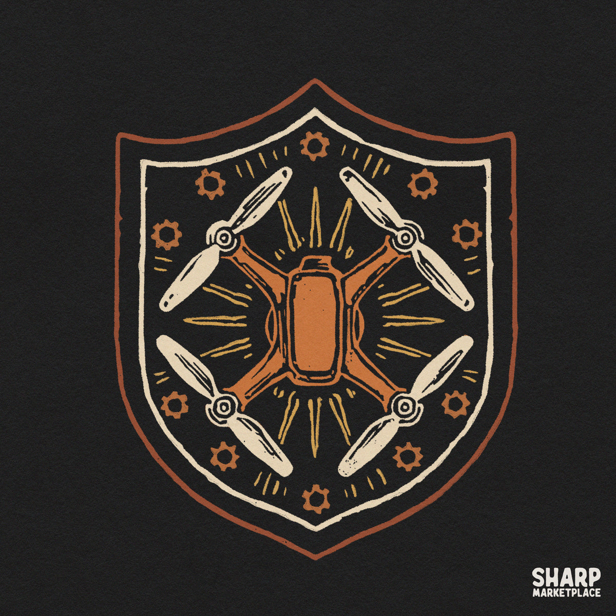Vintage drone shield emblem featuring a quadcopter and mechanical gears png for t-shirt print design