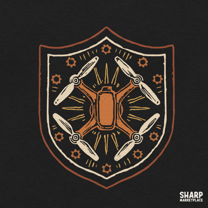 Vintage drone shield emblem featuring a quadcopter and mechanical gears png for t-shirt print design